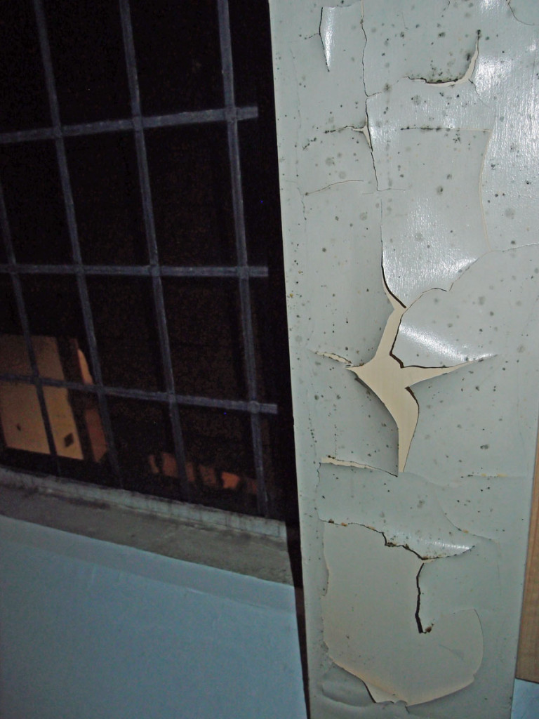 Peeling paint on wall, building interior detail