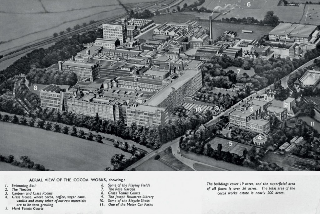 Illustration, aerial view, of large complex of factory buildings