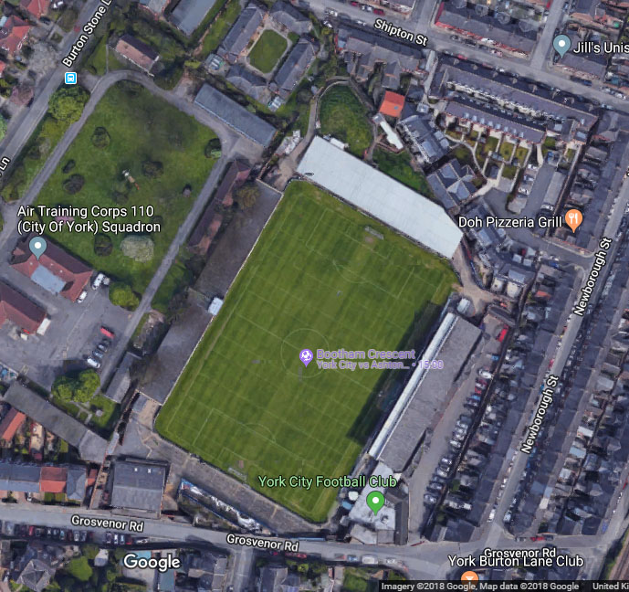 Aerial view of Bootham Crescent (Google)