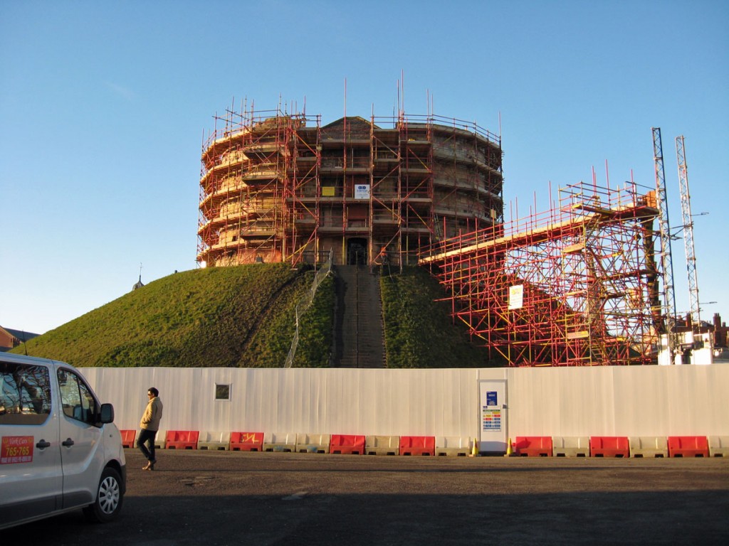 Clifford's Tower surrounded by scaffolding, Feb 2021