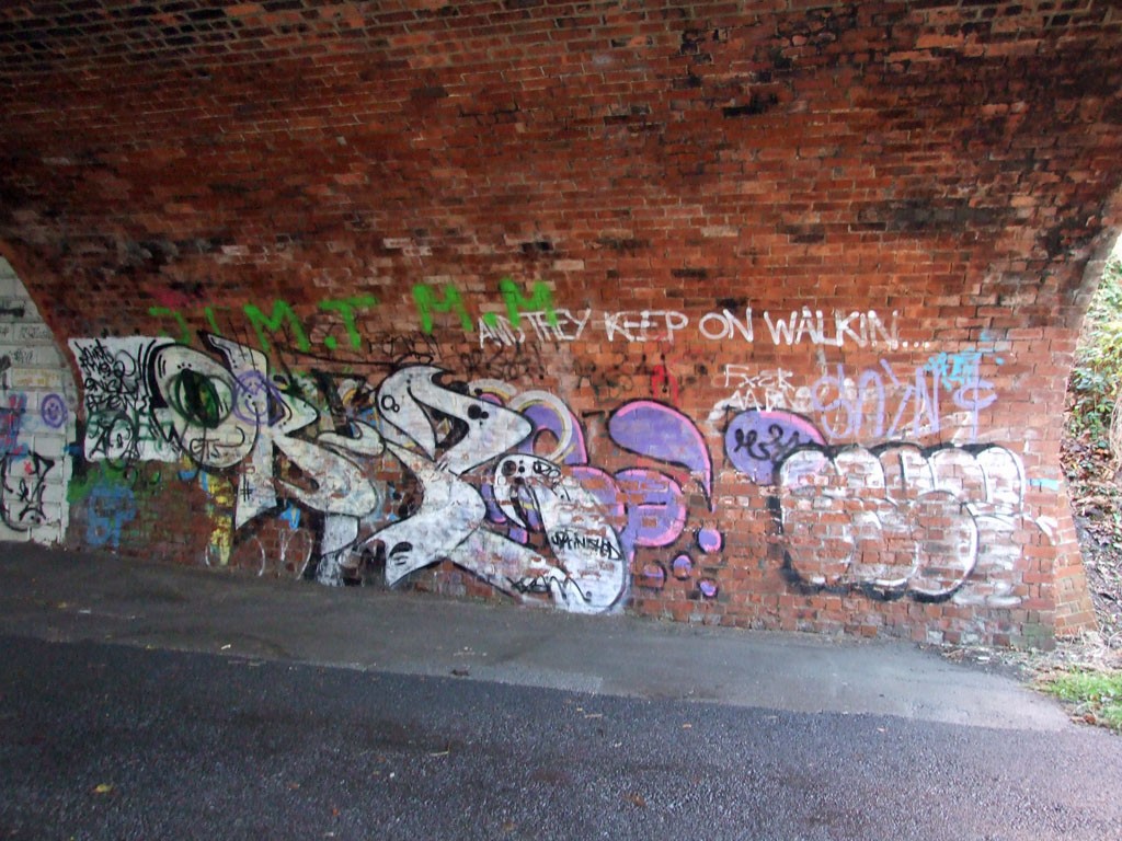 Graffiti on brickwork, various, including AND THEY KEEP ON WALKIN...'