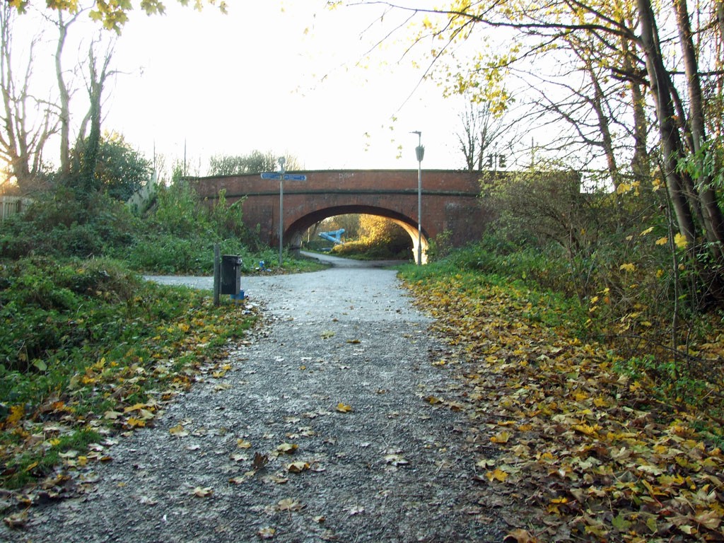 Tarmac path with fallen leaves, brick arch of railway bridge in distance