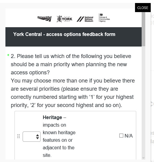 York Central access road consultation form. (Linked to a larger and more user-friendly version)
