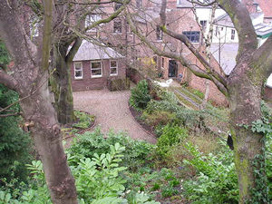 The gardens of Gillygate – a tidily landscaped garden viewed from the city walls