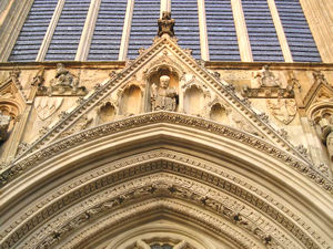 Detail of Minster west front, in evening light