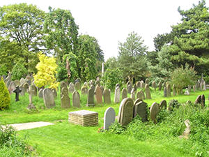 Cemetery, headstones in front of the chapel