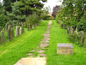 View showing grass path with industrial chimney on horizon